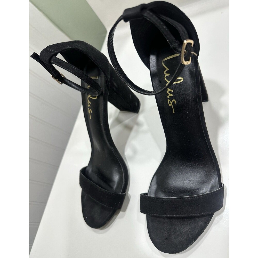 Lulus Black Suede Block Heel Ankle Strap Sandals Size 8 | Dressy Evening Heel